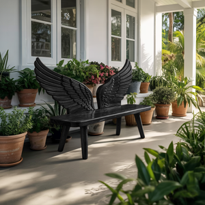 Modern Wood Bench With Wing Backrest For Exterior Seating