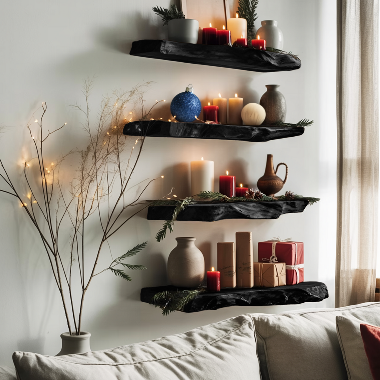 Handcrafted Solid Wood Floating Shelf For Cozy Christmas Living Room
