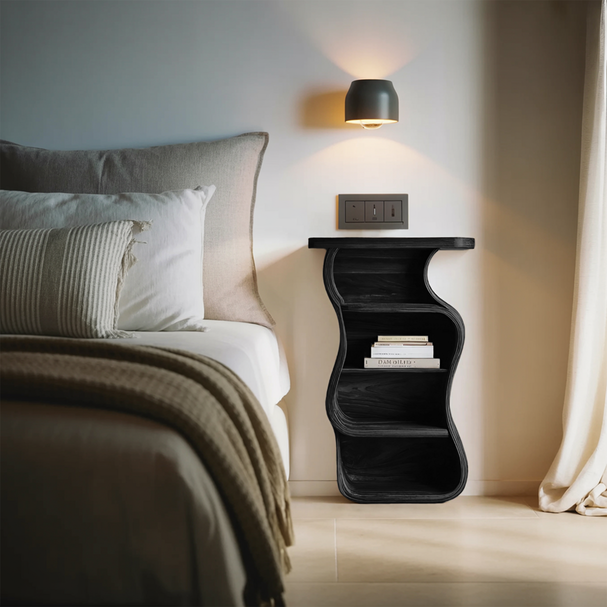 Contemporary Nightstand Sculptural With Open Shelf For Bedroom