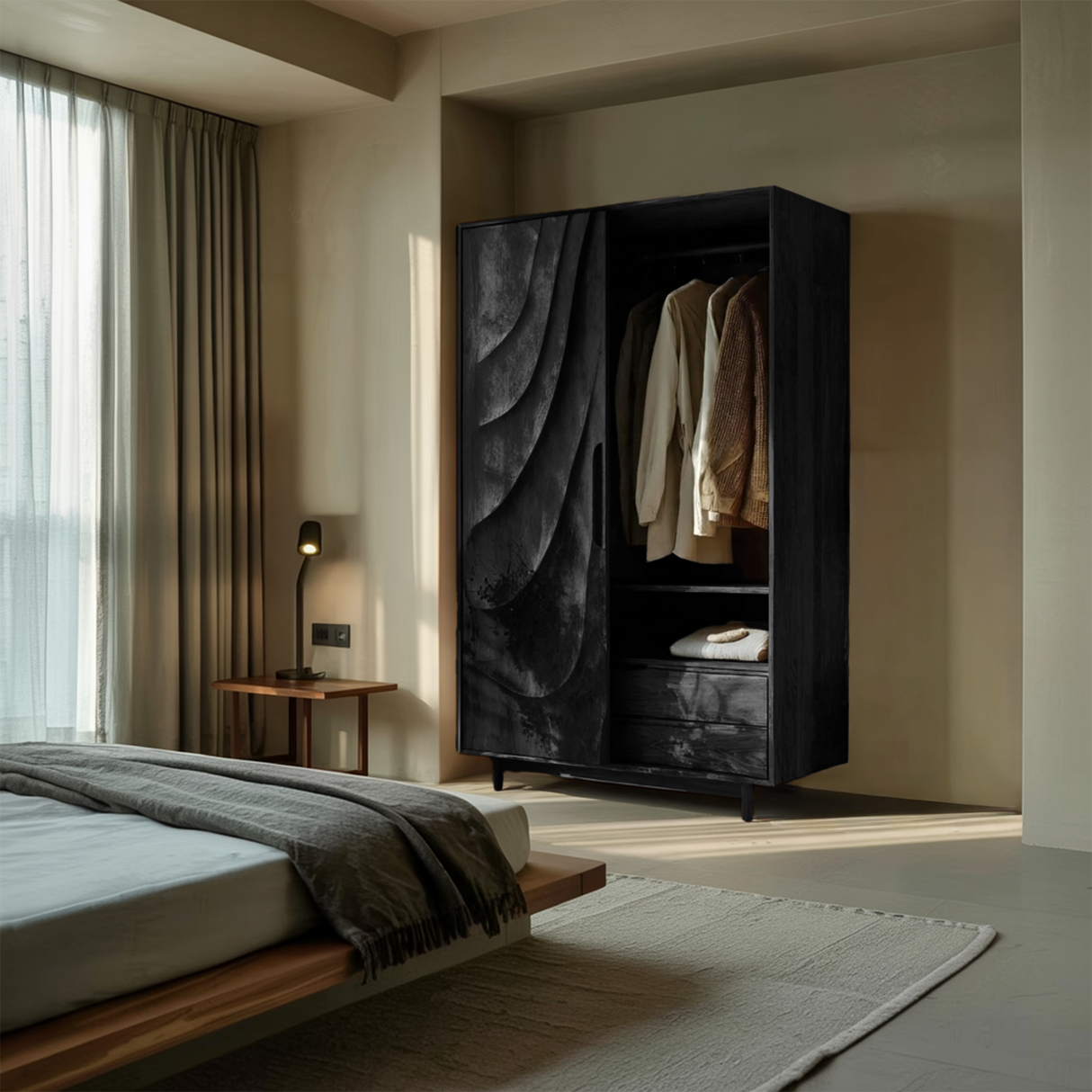 Modern Sculptural Wardrobe With Wave Doors For Bedroom