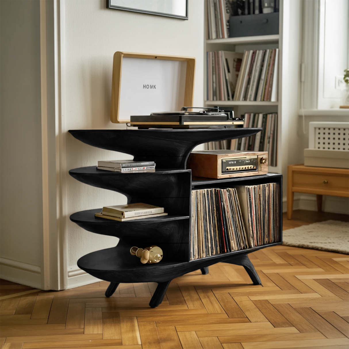 Modern Wooden Record Stand For Bedroom Interior Design Style