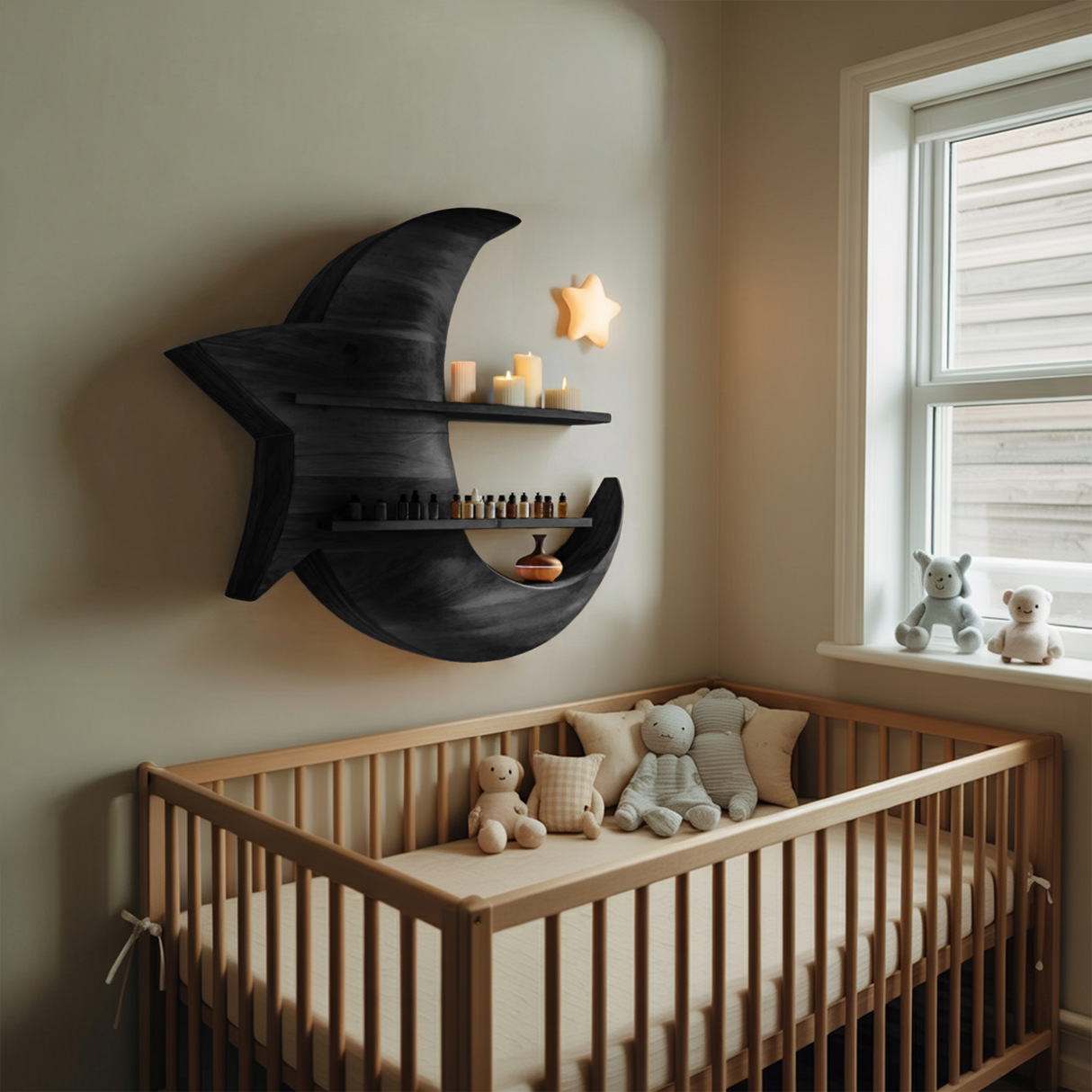 Handcrafted Moon And Star Wooden Shelf For Bedroom Decor