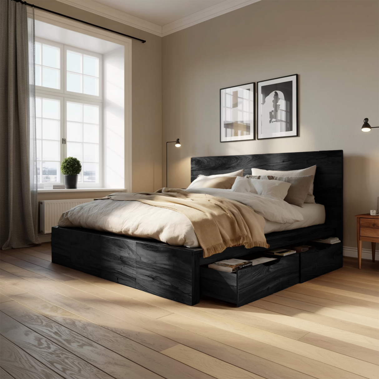 Modern Storage Bed Frame And Headboard With Drawers For Bedroom