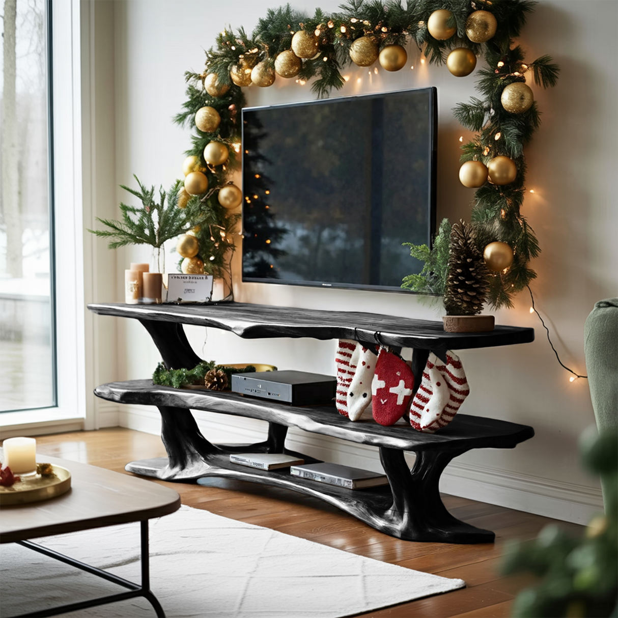 Farmhouse Live Edge Wooden TV Console For Holiday Bedroom Decor