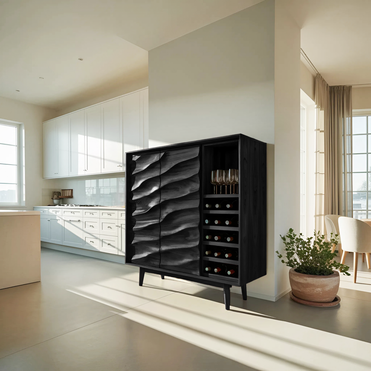 Modern Wine Cabinet With Wave Carved Doors For Kitchen Area