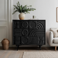 Geometric Carved Cabinet With Sculpted Doors For Entryway And Living Room