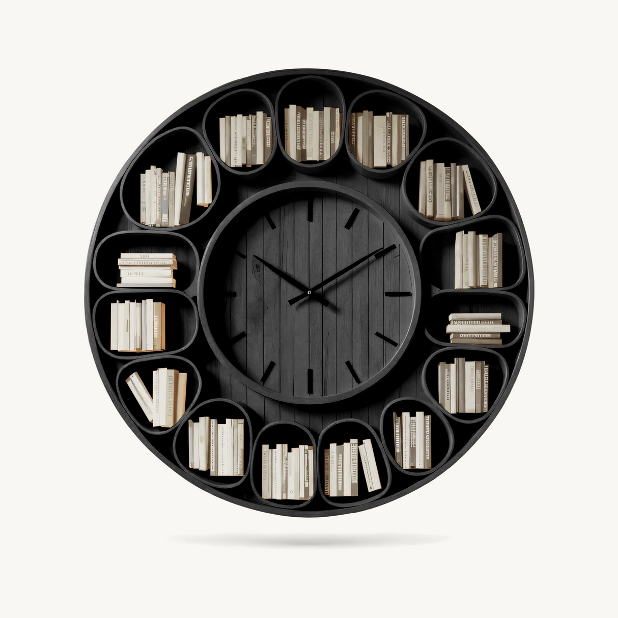 Contemporary Round Wall Bookshelf With Clock For Living Room And Home Office