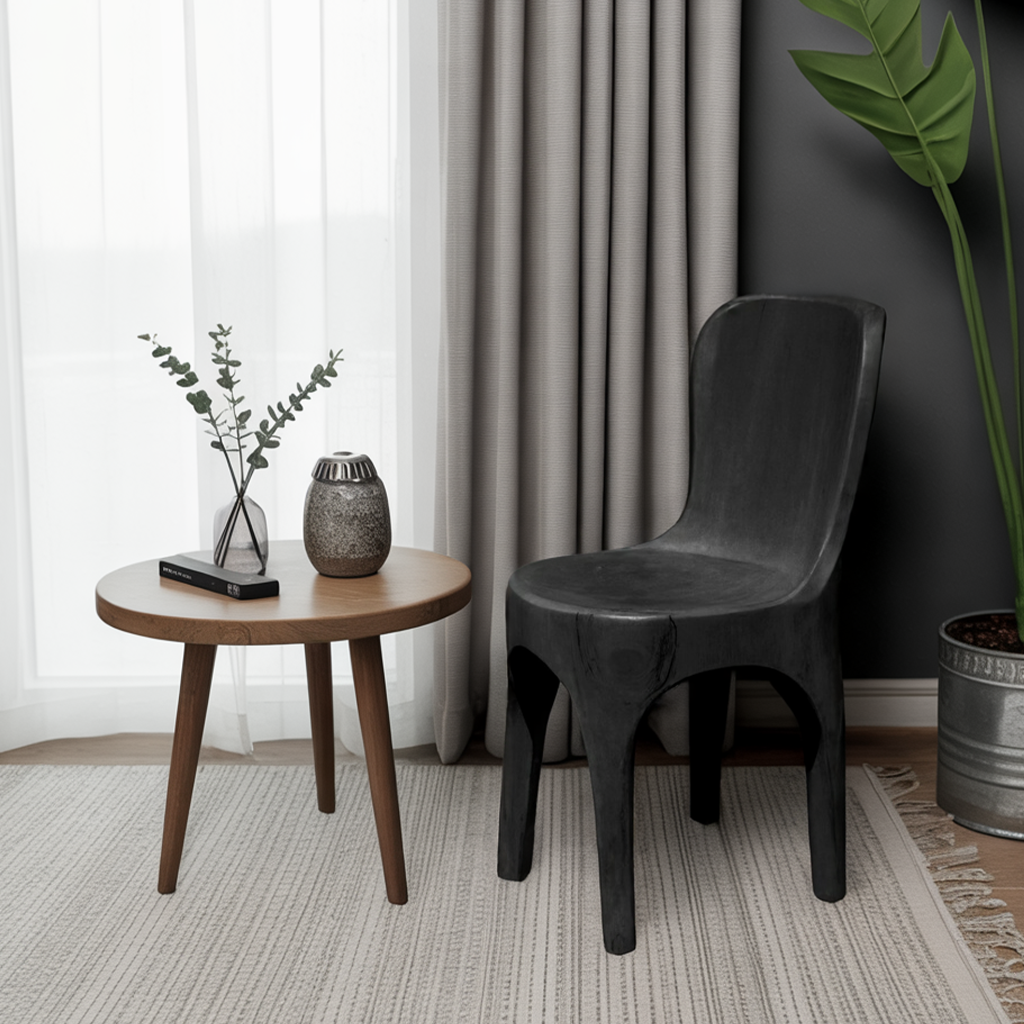 Sculptural Solid Wood Chair With Curved Seat For Garden Or Indoor Decor