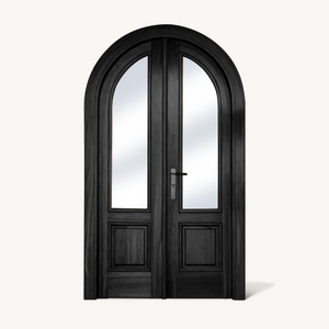 Arched Double Entry Door With Glass Panels For Mediterranean And Spanish Homes