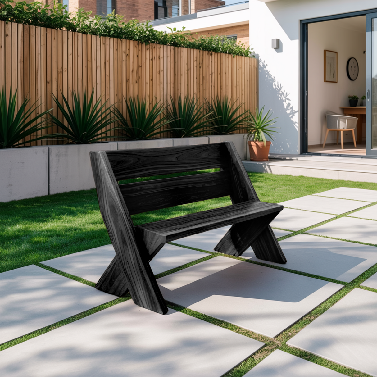 Modern Outdoor Bench With Angled Legs For Garden Patio And Backyard
