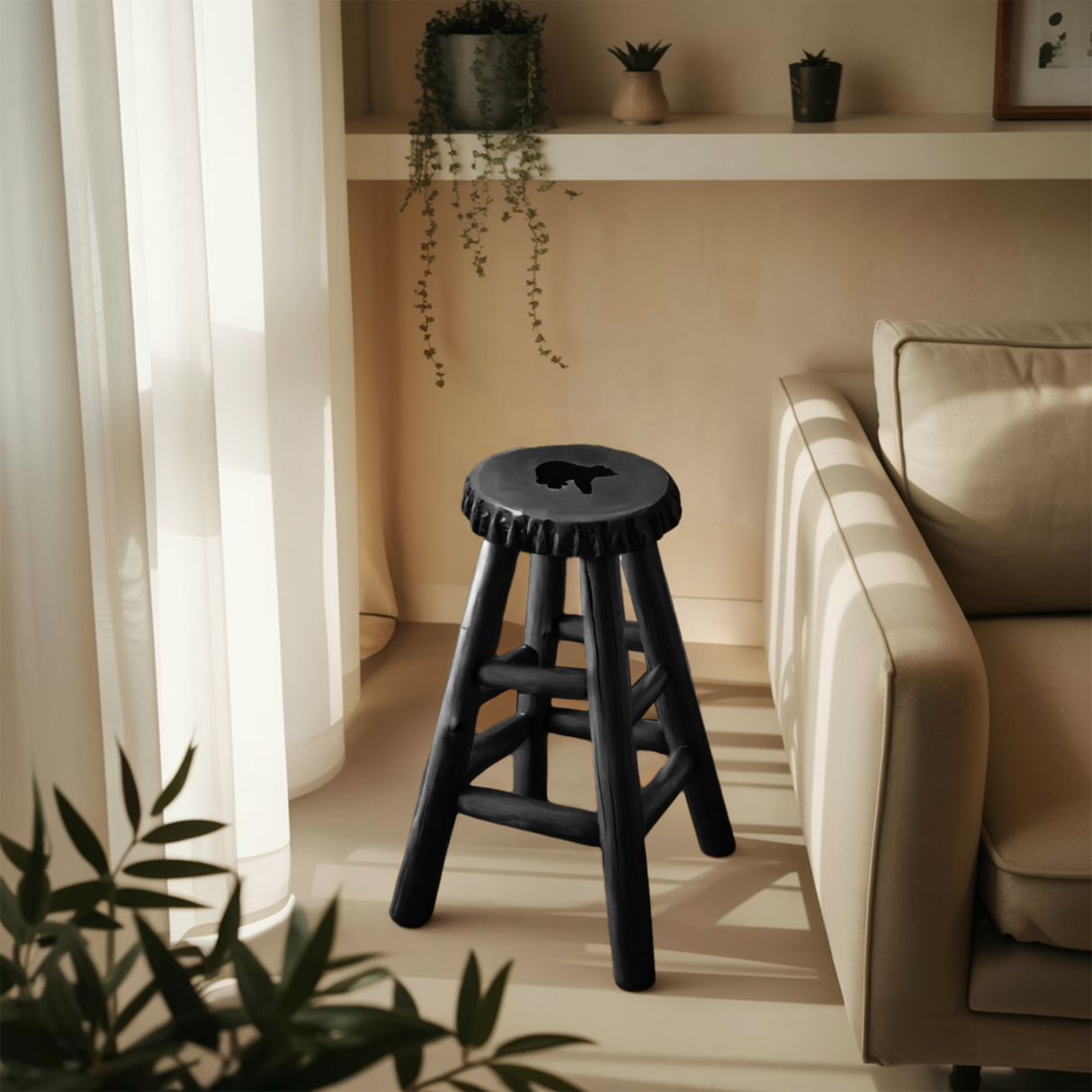 Rustic Black Bear Stool For Cabin Living Room Seating
