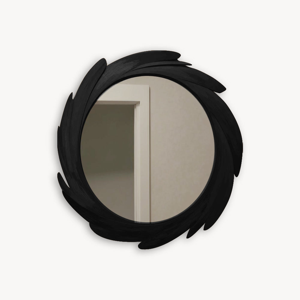 Artistic Round Wall Mirror With Carved Frame For Bathroom And Entryway