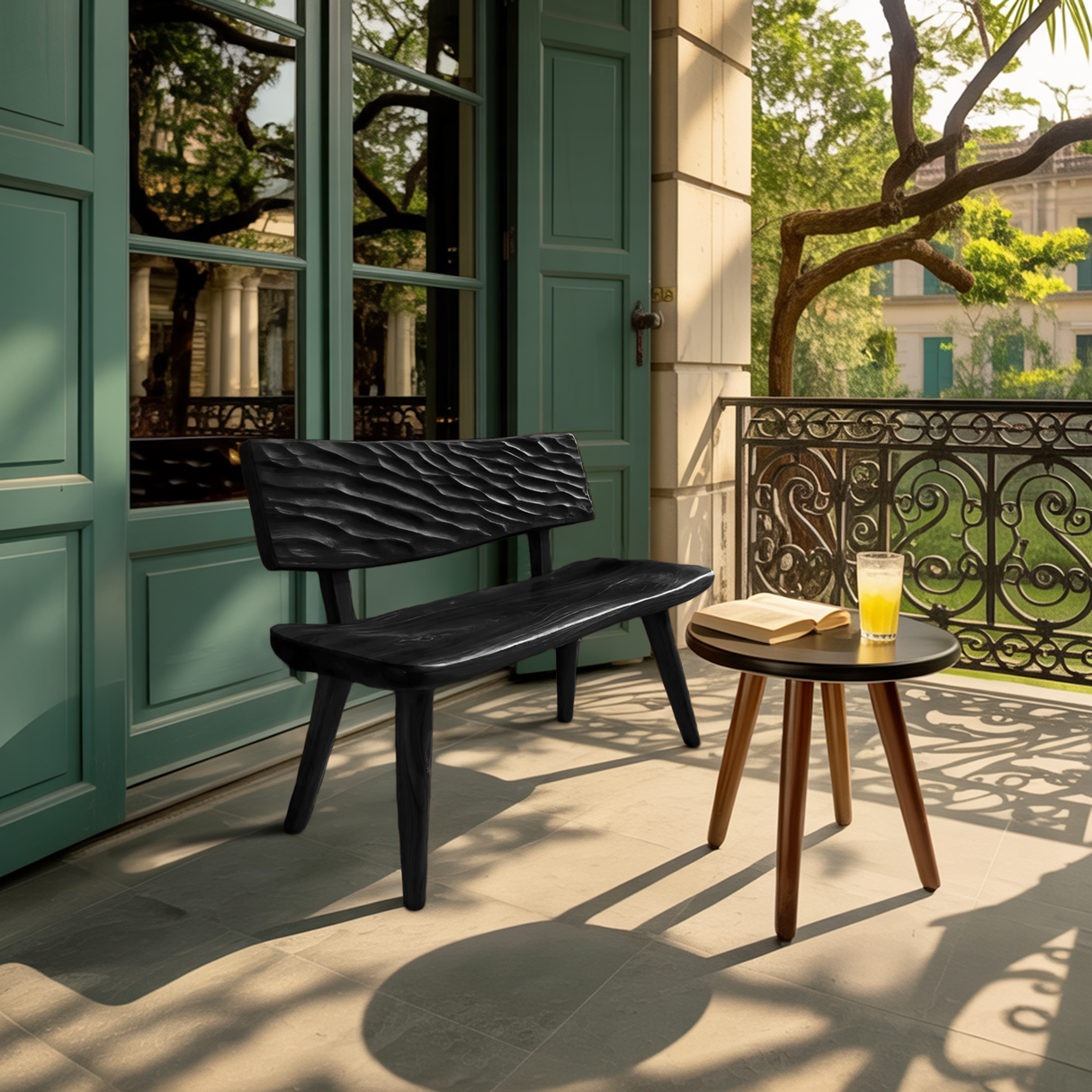 Modern Outdoor Wood Bench With Carved Backrest For Patio