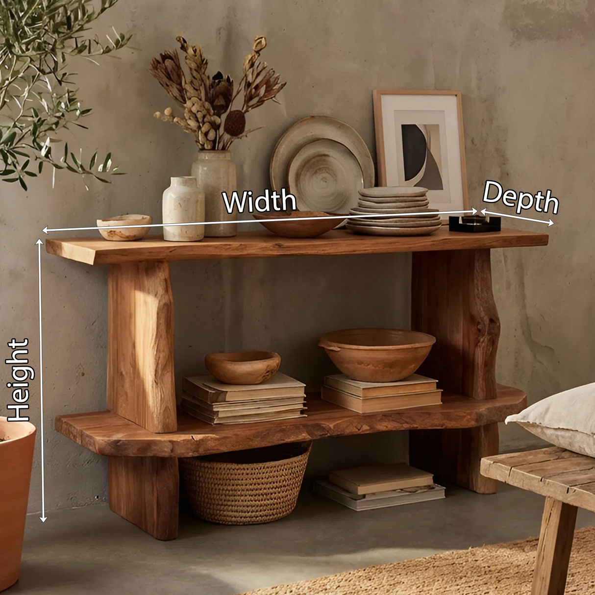 Mid Century Wooden Live Edge Standing Shelf For Living Room Storage Decor