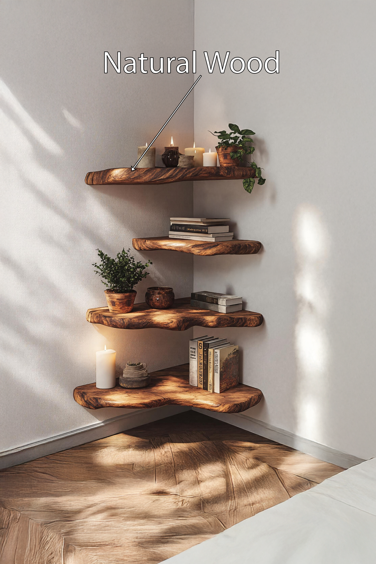 Mid Century Wooden Live Edge Corner Shelf For Living Room Decor