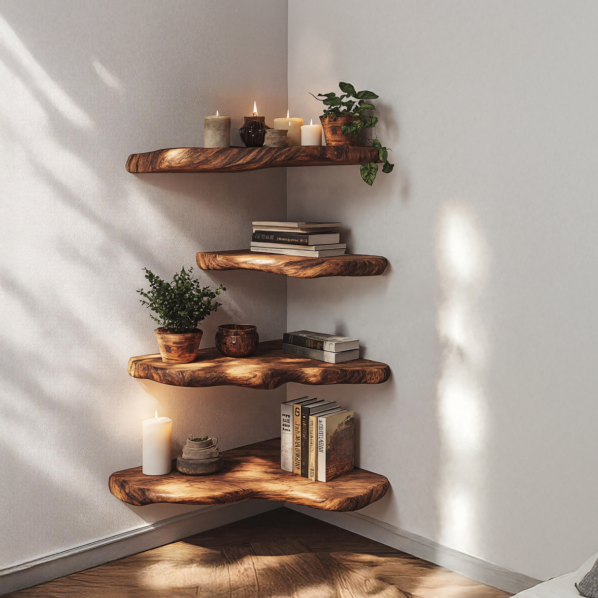 Mid Century Wooden Live Edge Corner Shelf For Living Room Decor