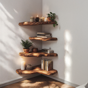 Mid Century Wooden Live Edge Corner Shelf For Living Room Decor