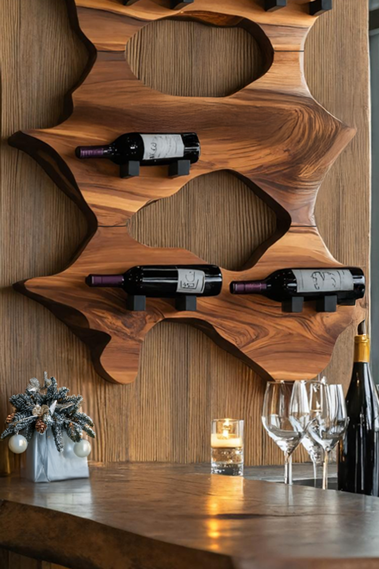 Rustic Solid Wood Live Edge Wine Rack For Entryway