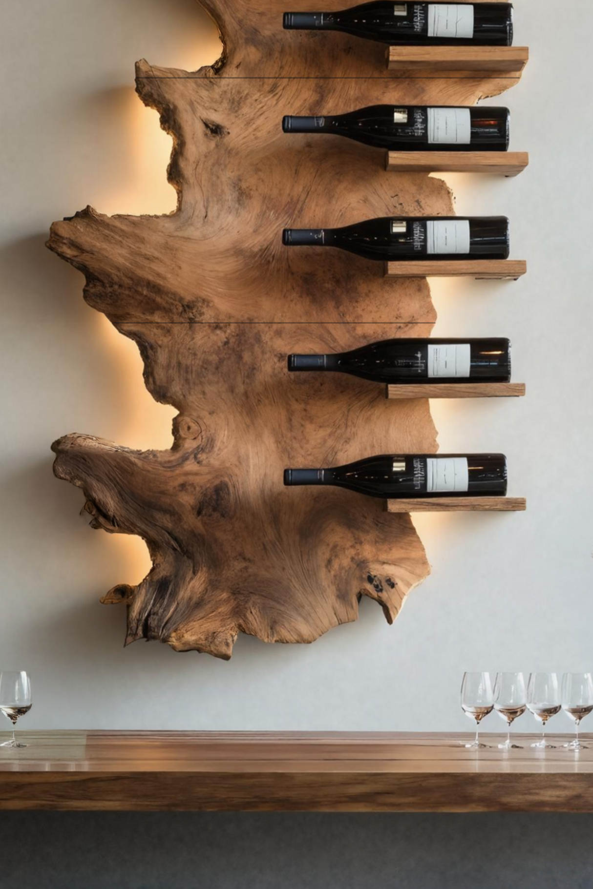 Handcrafted Wooden Live Edge Wine Holder For Bar Display Art