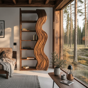 Modern Bookshelf With Wave Carved Side Panel For Office