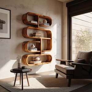 Mid Century Live Edge Display Shelf For Living Room Storage