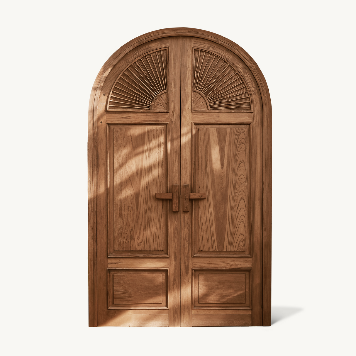 Mediterranean Arched Entry Door With Carved Sunburst For Garden And Villa