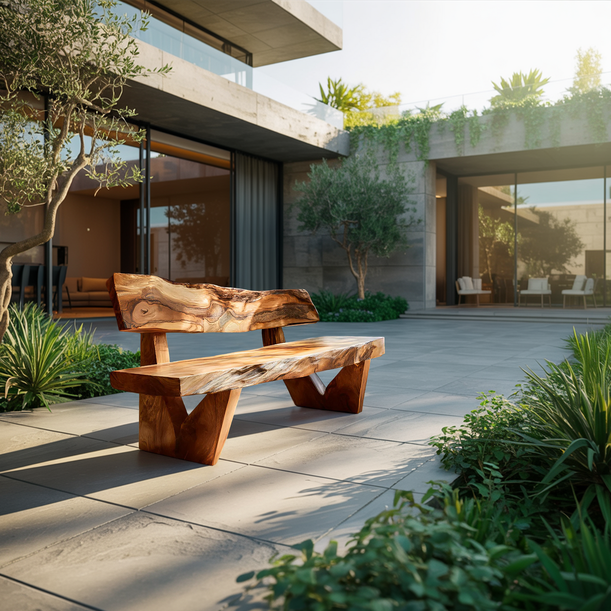 Handcrafted Outdoor Bench With Live Edge Backrest For Garden