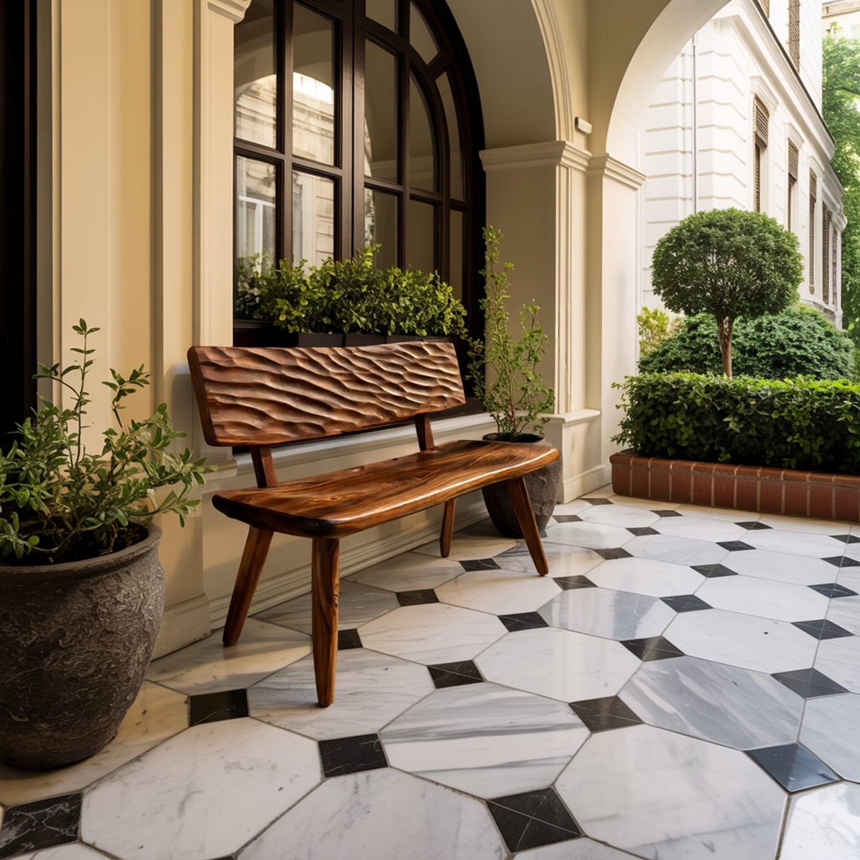 Modern Outdoor Wood Bench With Carved Backrest For Patio
