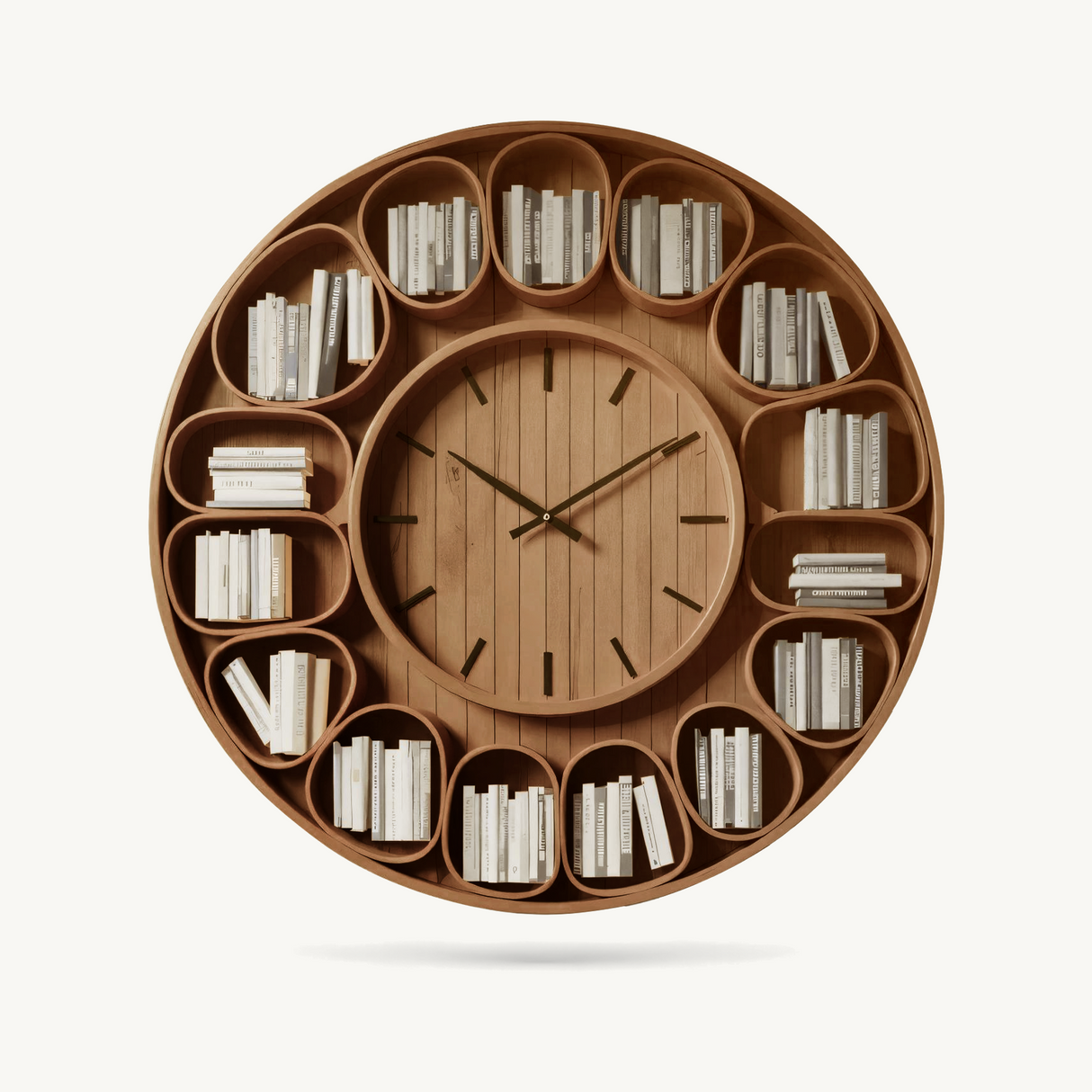 Contemporary Round Wall Bookshelf With Clock For Living Room And Home Office