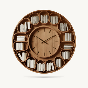Contemporary Round Wall Bookshelf With Clock For Living Room And Home Office