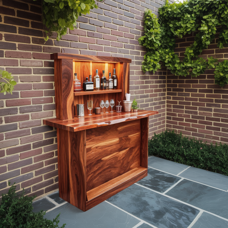 Live Edge Wall Mounted Outdoor Bar With Shelf And Lights For Patio Or Garden