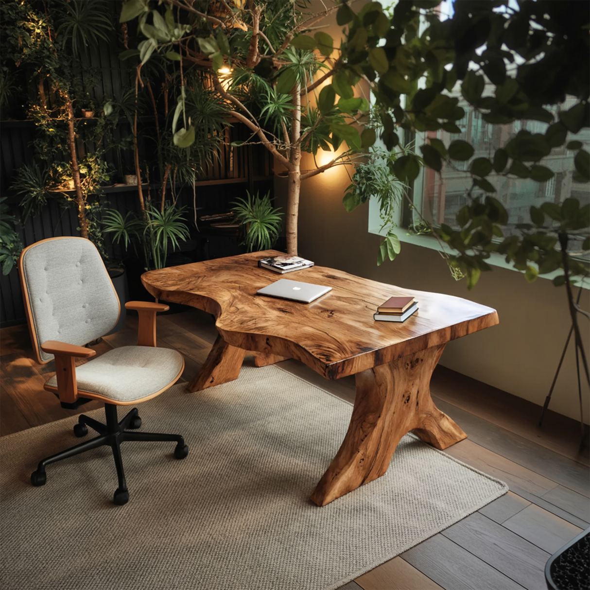 Organic Live Edge Desk With Sculptural Base For Workspace
