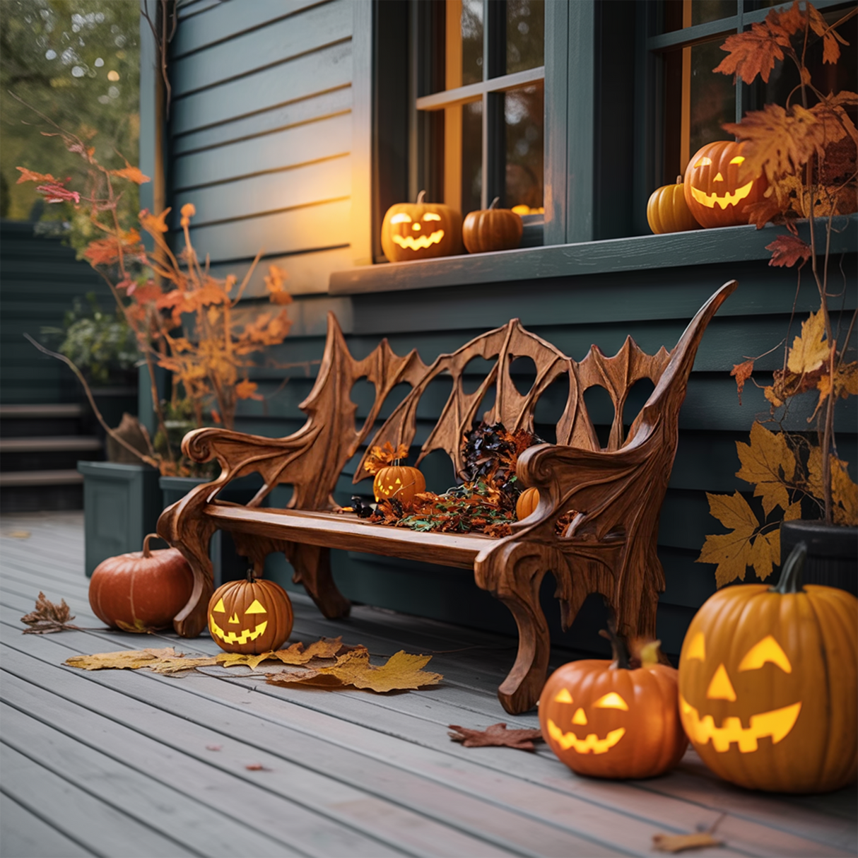 Mid Century Solid Wood Halloween Bench For Festive Outdoor Decor
