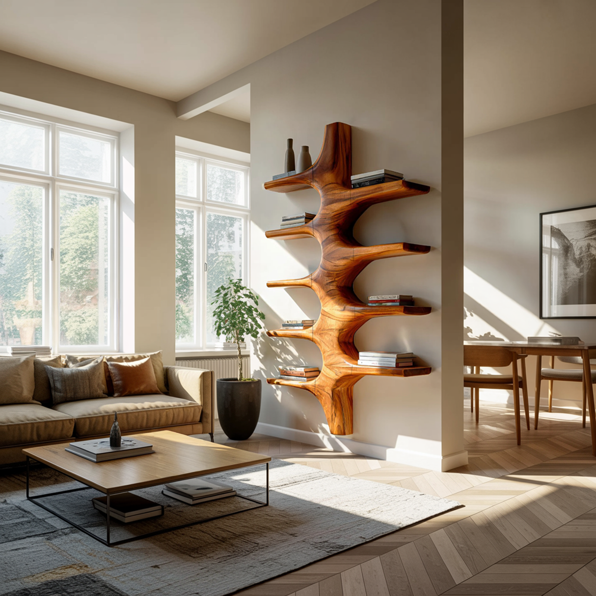 Sculptural Wood Wall Mounted Bookshelf For Modern Living Room