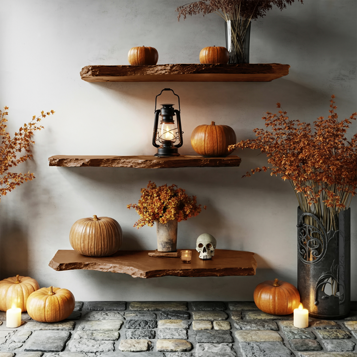 Farmhouse Wooden Floating Shelf For Entryway Design With Halloween Storage