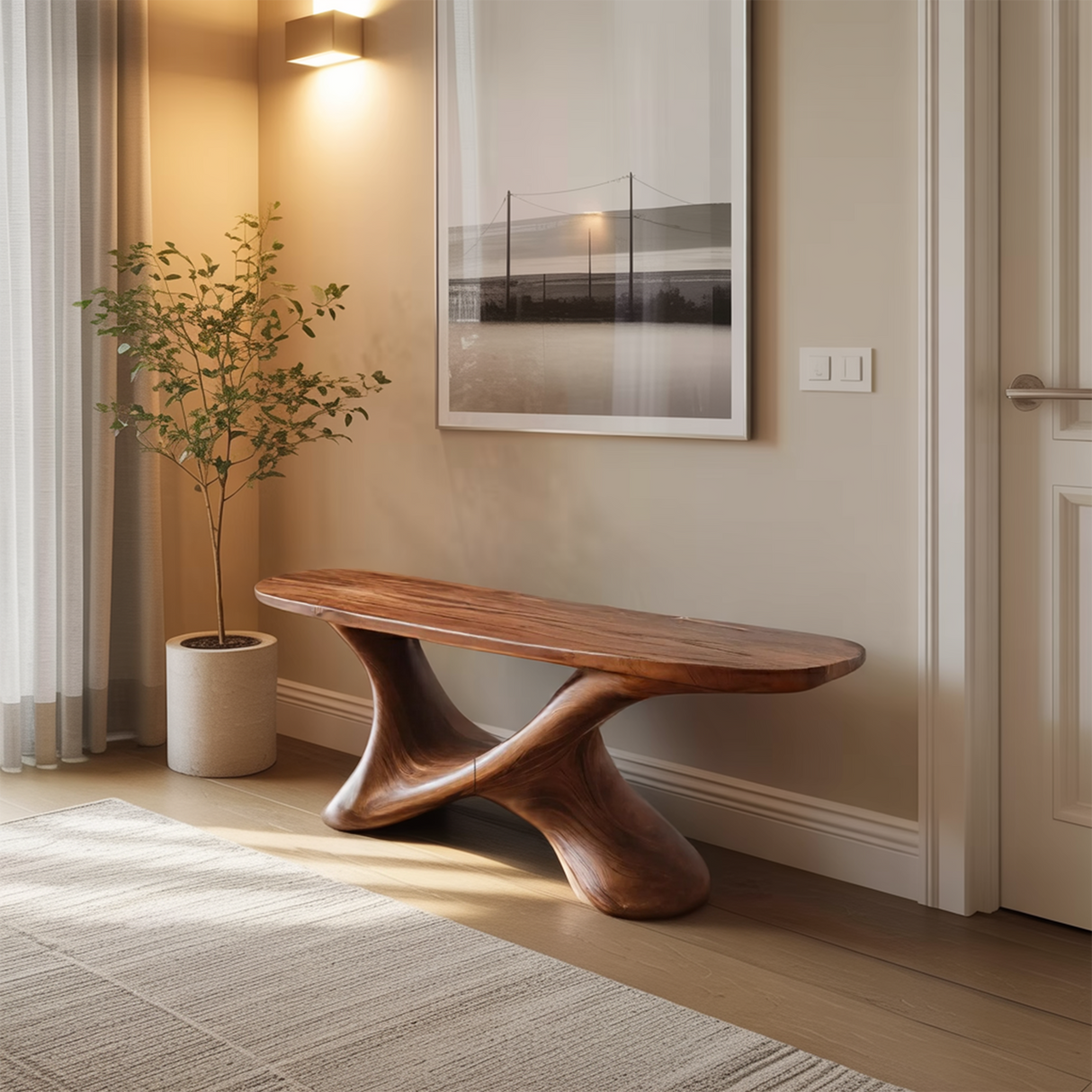 Modern Sculptural Bench With Twisted Base For Entryway