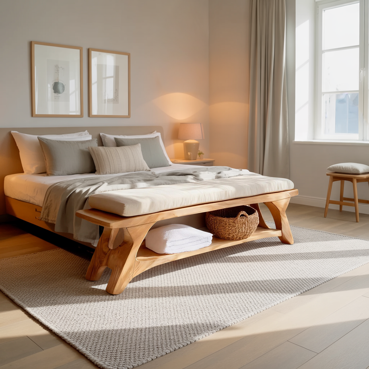 Mid Century Solid Wood Bench For Bedroom Accent