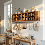 Minimalist Wooden Shelf With Hooks For Pantry Organization