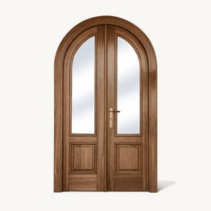 Arched Double Entry Door With Glass Panels For Mediterranean And Spanish Homes