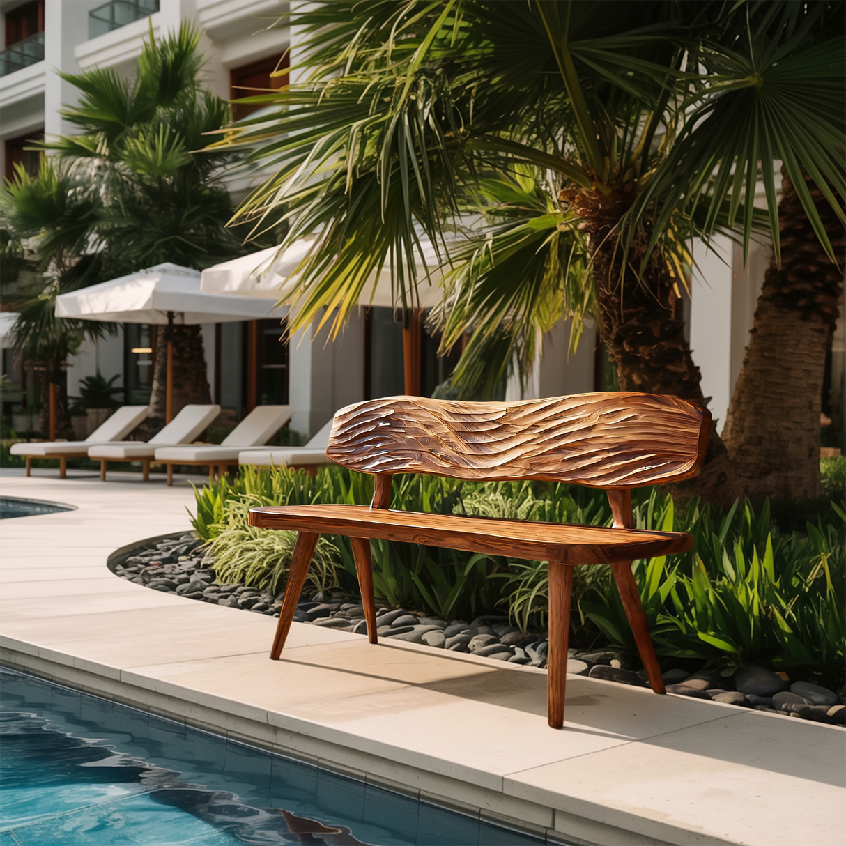 Outdoor Wooden Bench With Wave Carved Backrest For Garden