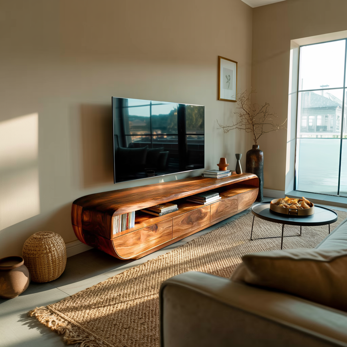 Handcrafted TV Cabinet Design Spacious Drawers For Living