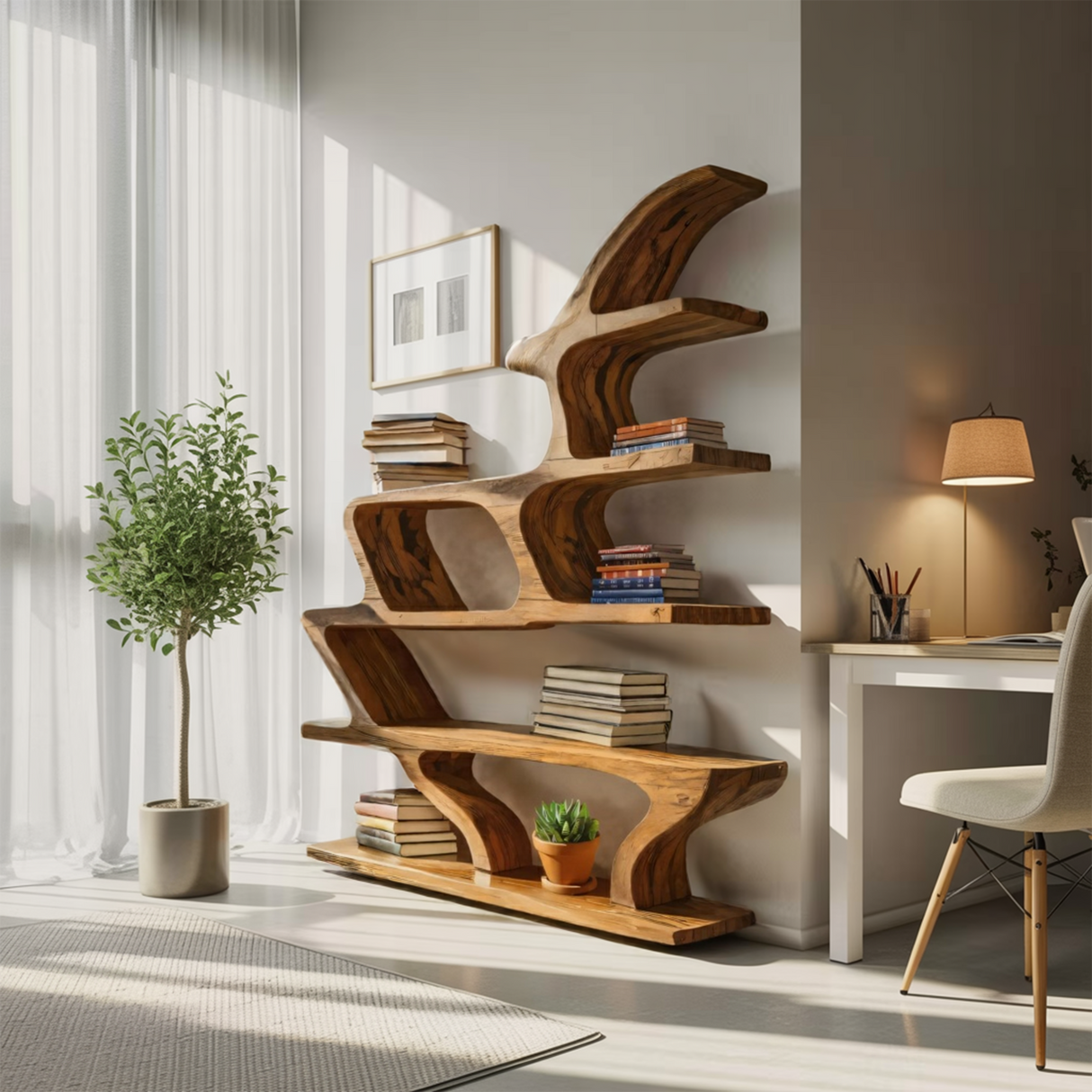Modern Sculptural Bookshelf With Fluid Shelving For Living Room