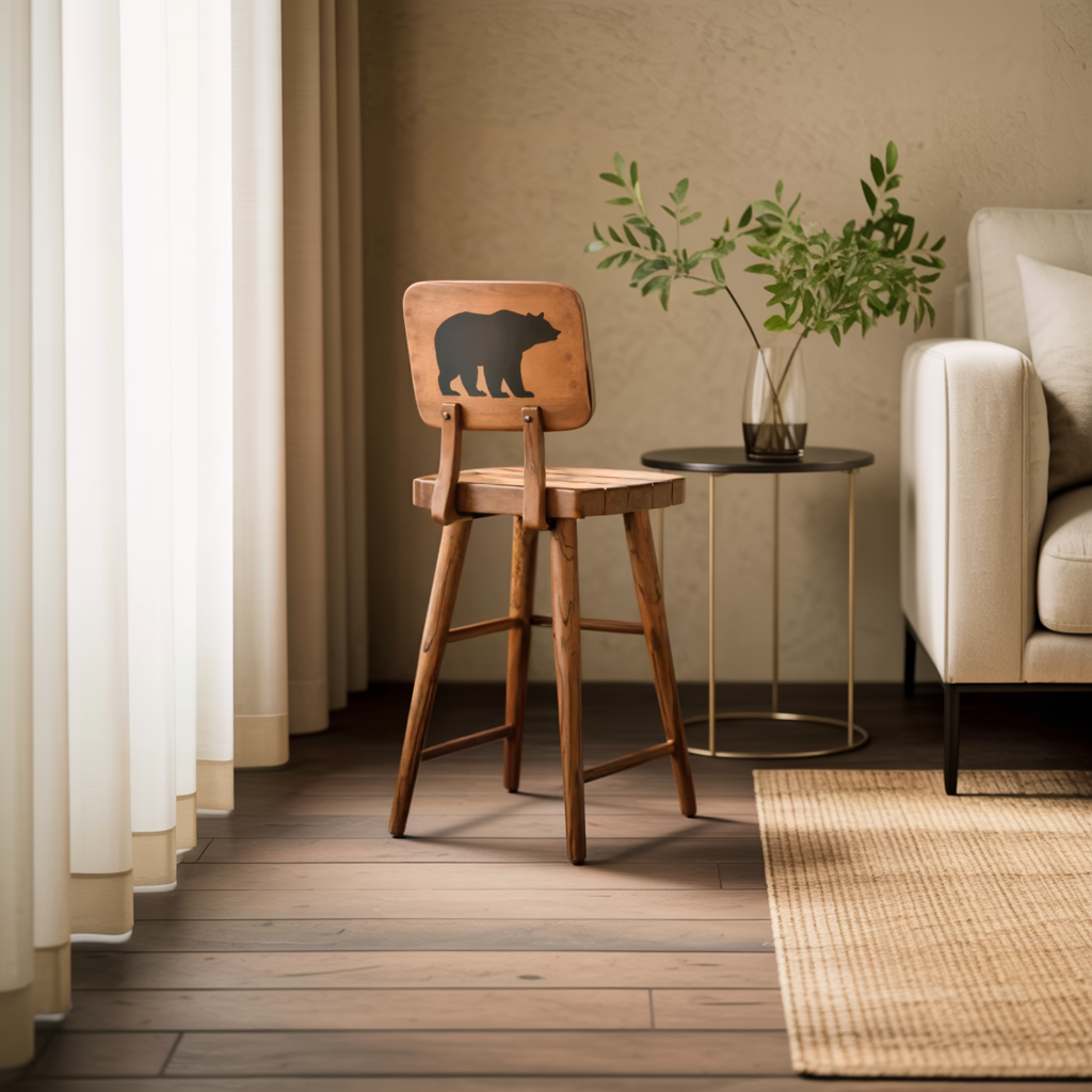 Rustic Bear Backrest Bar Stool For Kitchen Island Seating