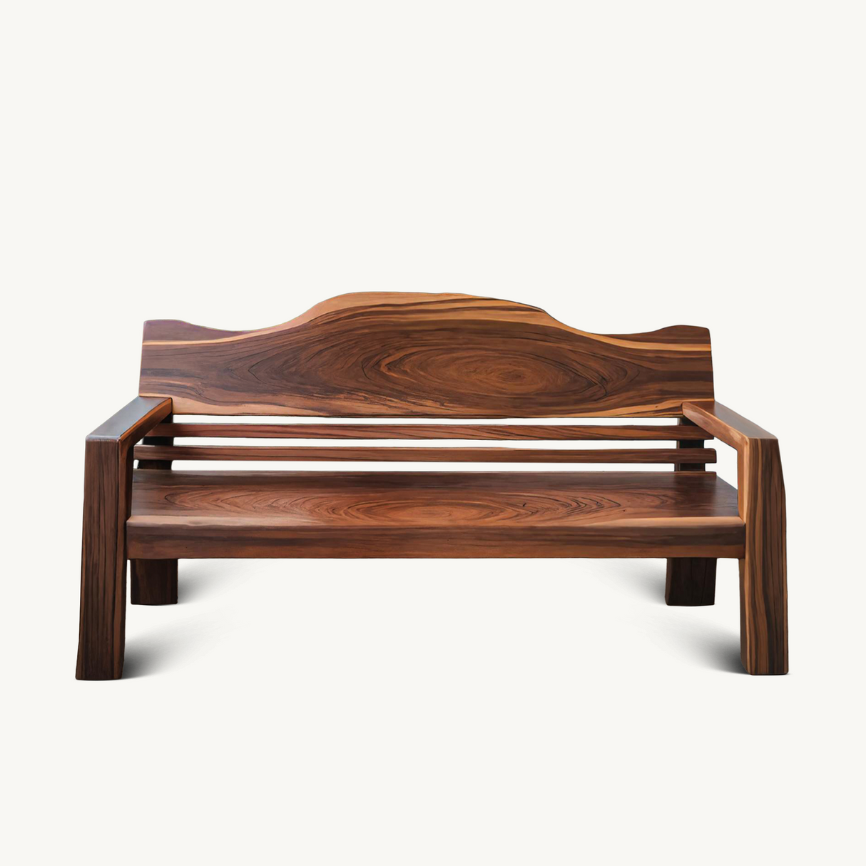 Rustic Outdoor Wooden Bench With Curved Backrest For Garden Or Porch