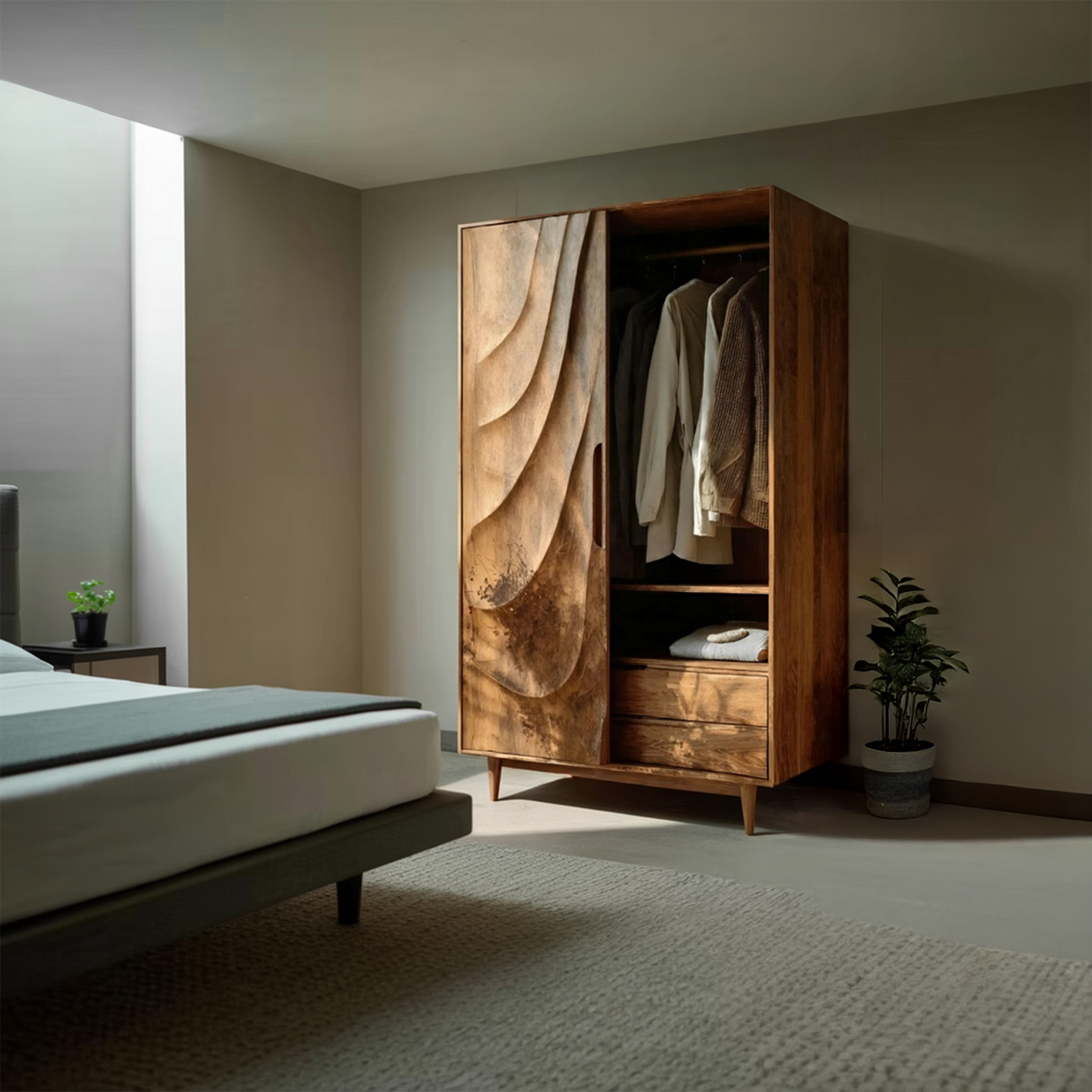 Modern Sculptural Wardrobe With Wave Doors For Bedroom