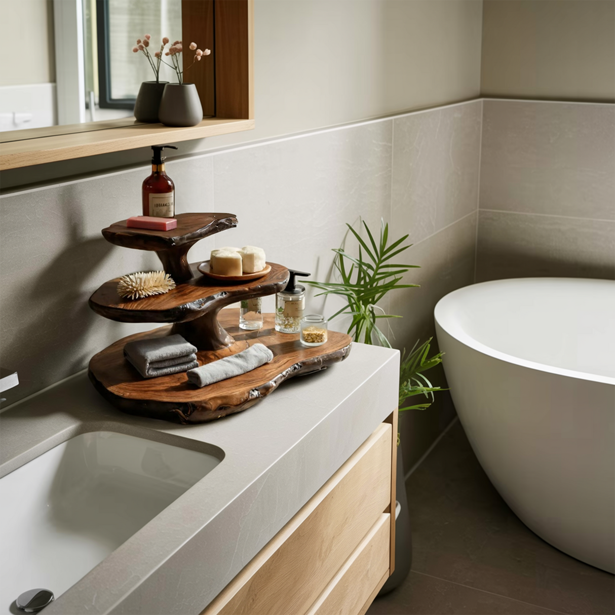 Modern Sculpted Bathroom Shelf Tiered For Clean Bathroom