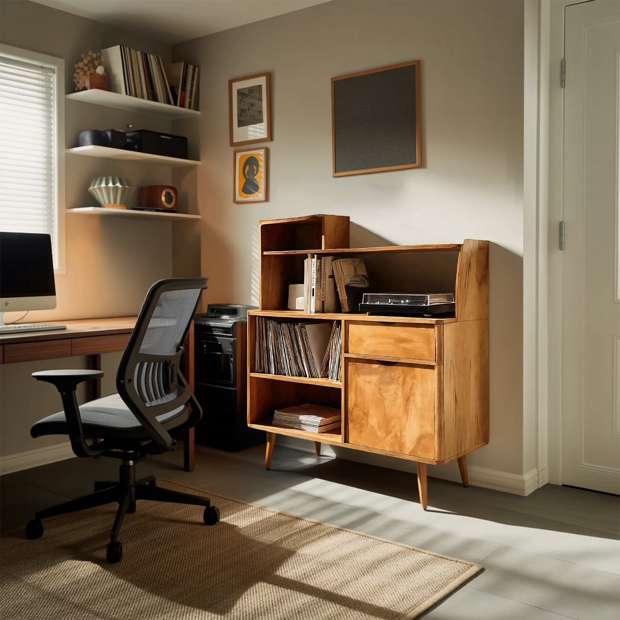 Modern Vinyl Record Cabinet With Drawers For Living