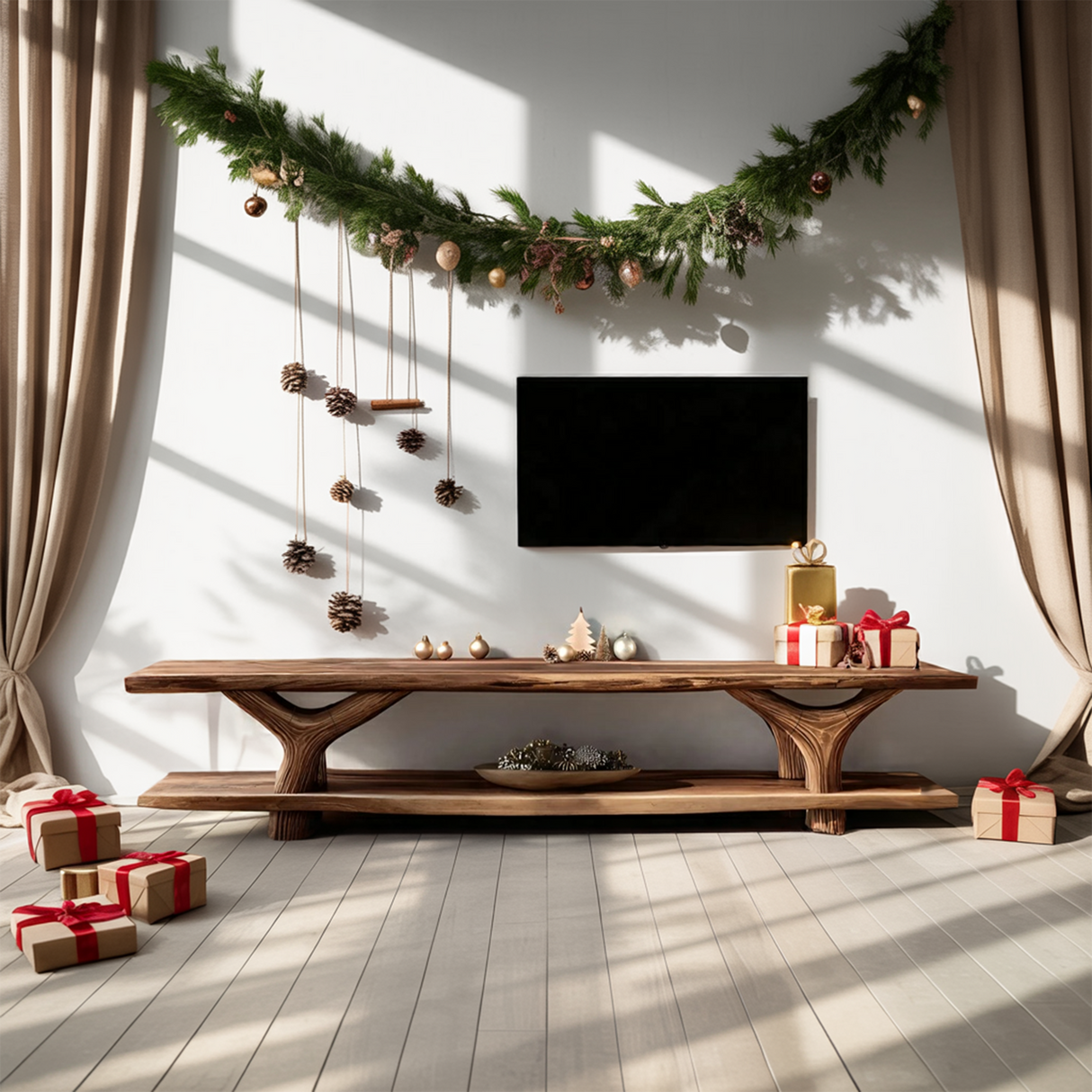 Mid Century Solid Wood TV Console For Christmas Bedroom And Entryway