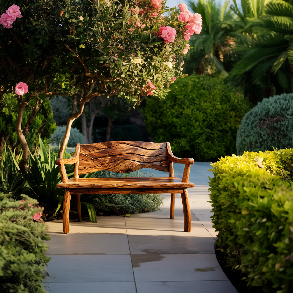 Outdoor Wood Bench With Wave Carved Backrest For Exterior