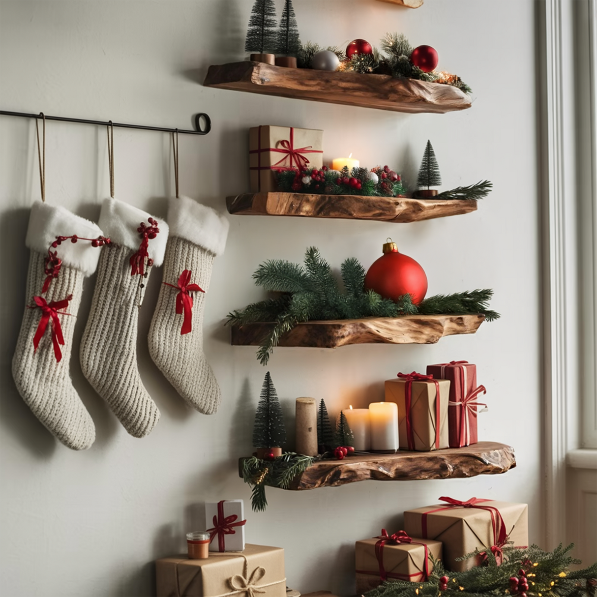 Handcrafted Solid Wood Floating Shelf For Cozy Christmas Living Room